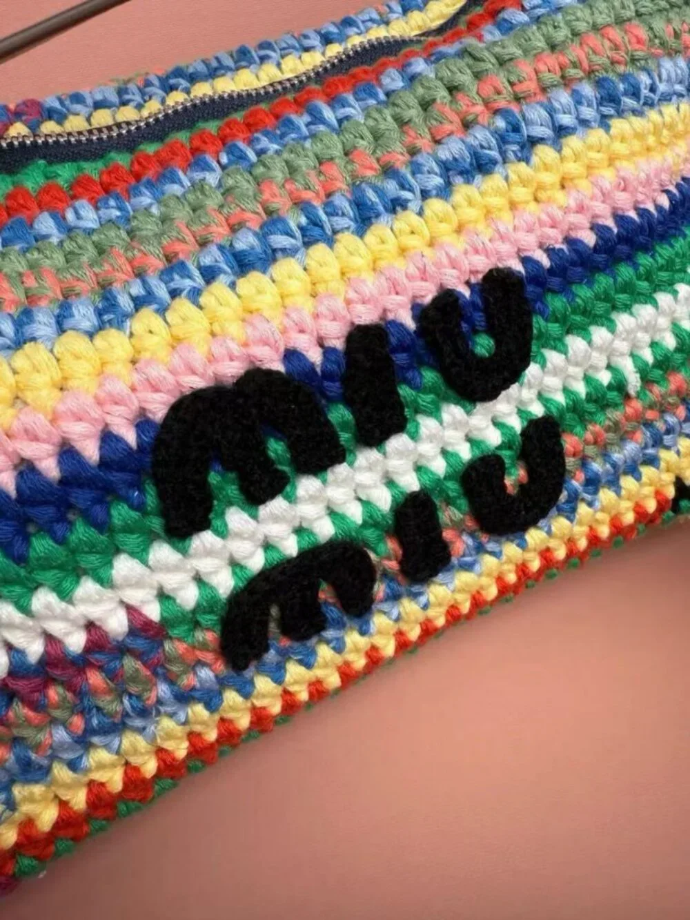Miu Miu Rainbow Striped Knit Raffia Shoulder Bag